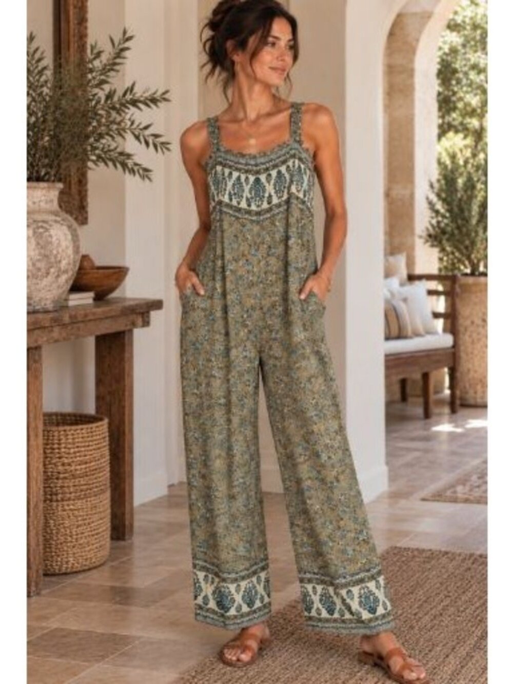 Davi & Dani Floral Paisley Jumpsuit Boho Hippie Festival Cottagecore Wide Leg L